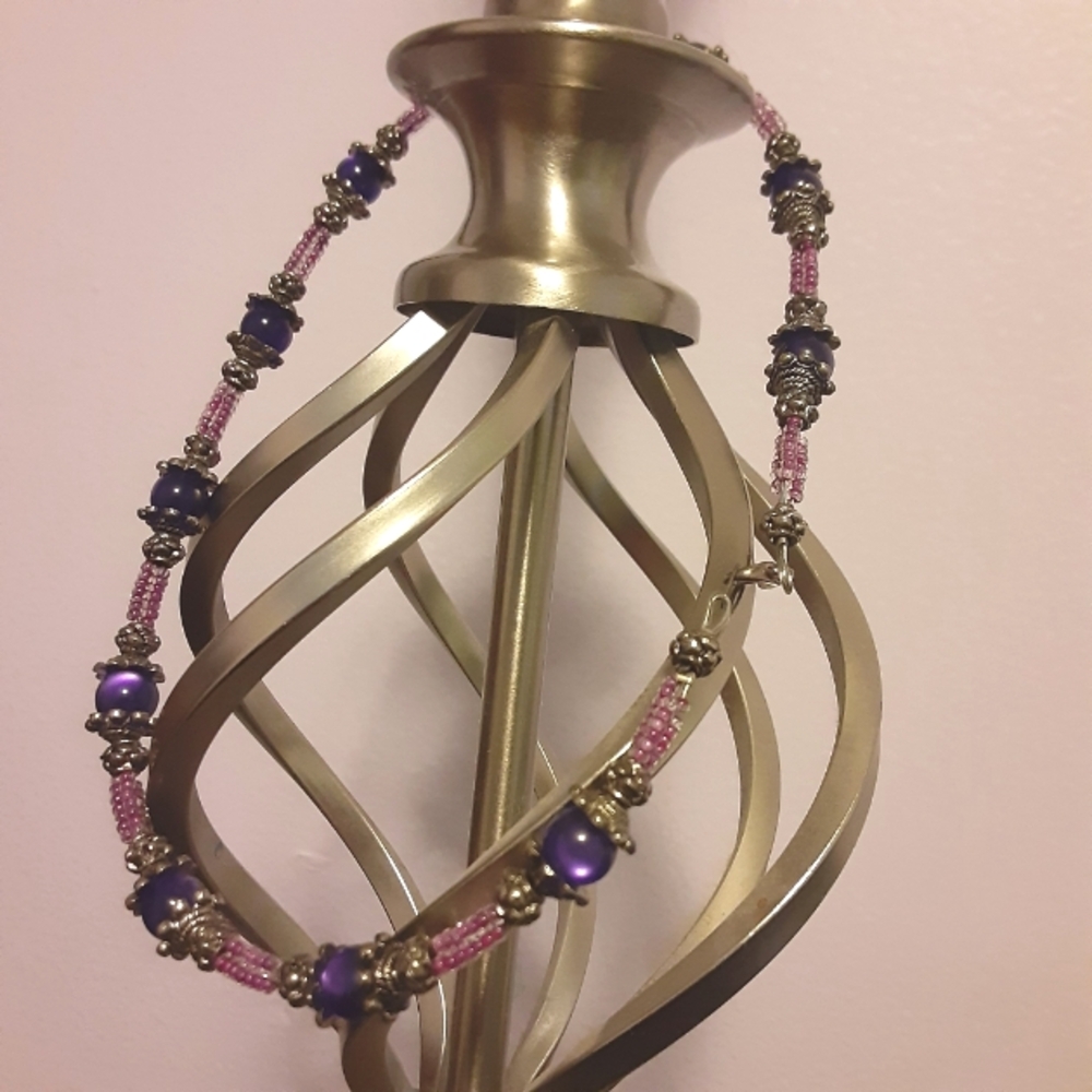 Beaded choker in silver blue and Rose glass and Metal handcrafted new